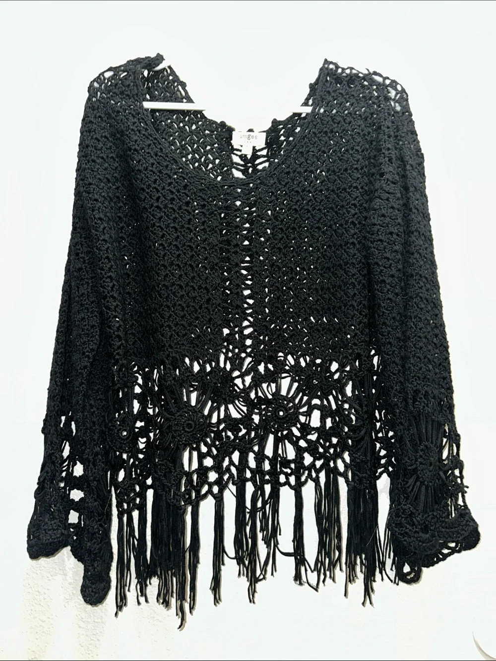 Umgee Black Crochet Fringe Poncho Sweater - Picture 1 of 5